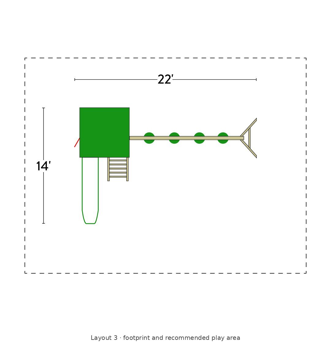 Amish 6x6 Challenger Wooden Swing Set & Playset Kit – Layout 3 footprint and recommended play area diagram
