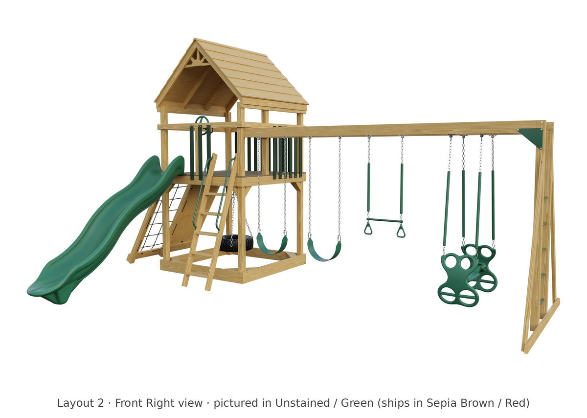 Amish 6x6 Challenger Wooden Swing Set & Playset Kit – Layout 2, front right view (shown in Unstained with Green accents)