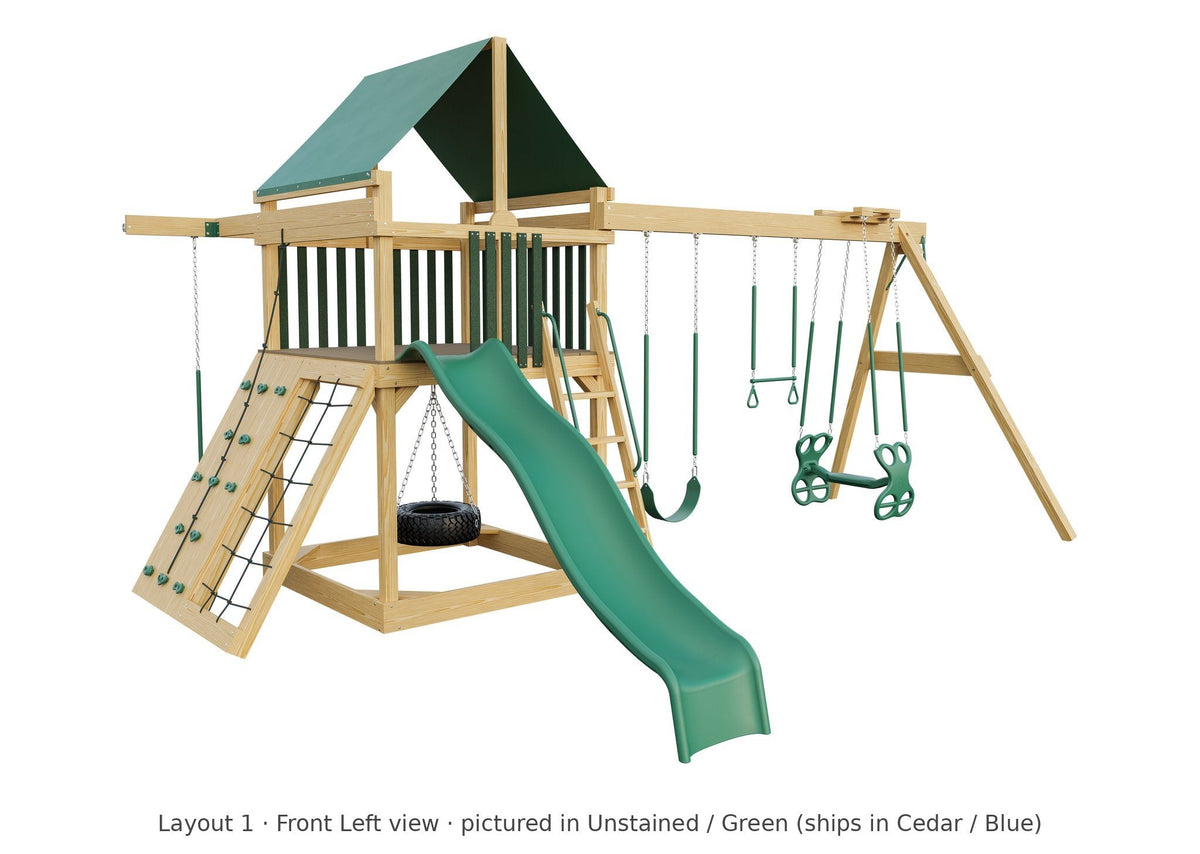 Amish 6x6 Challenger Wooden Swing Set & Playset Kit – Layout 1, front left view (shown in Unstained with Green accents)