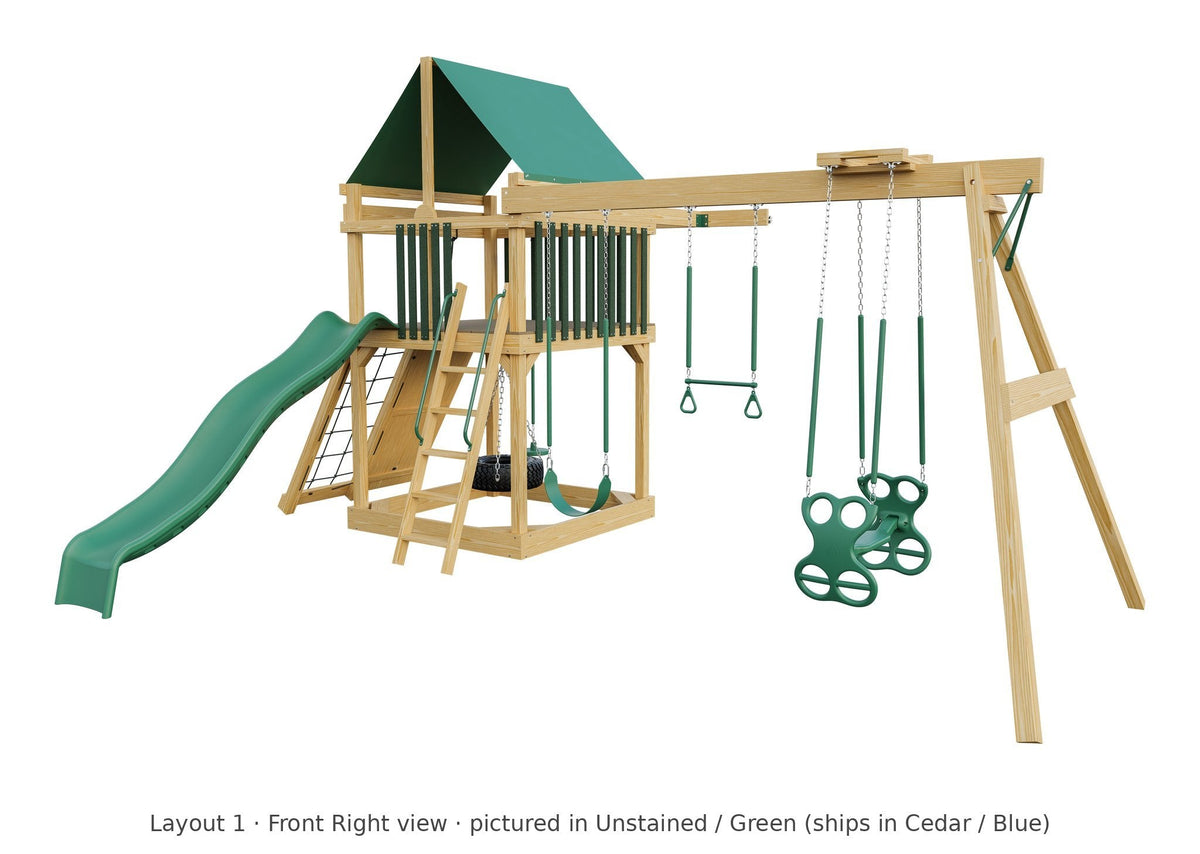 Amish 6x6 Challenger Wooden Swing Set & Playset Kit – Layout 1, front right view (shown in Unstained with Green accents)