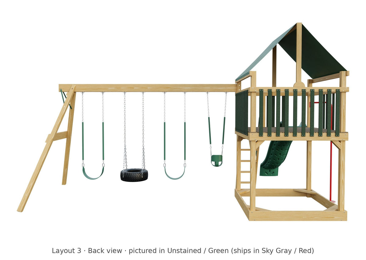 Amish 6x6 Challenger Wooden Swing Set & Playset Kit – Layout 3, back view (shown in Unstained with Green accents)