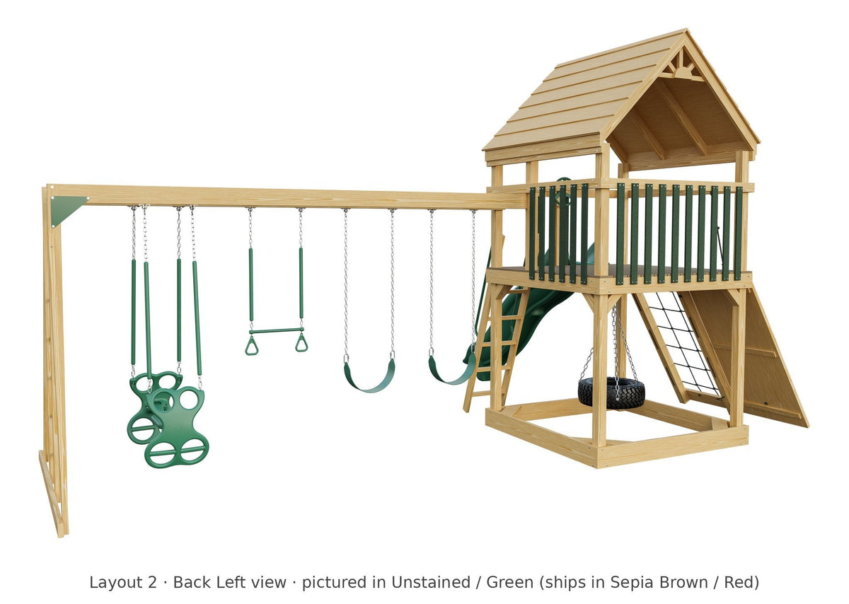 Amish 6x6 Challenger Wooden Swing Set & Playset Kit – Layout 2, back left view (shown in Unstained with Green accents)