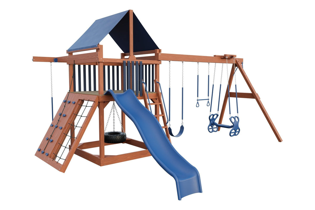Amish 6x6 Challenger Wooden Swing Set & Playset Kit – Layout 1, Cedar with Blue accents