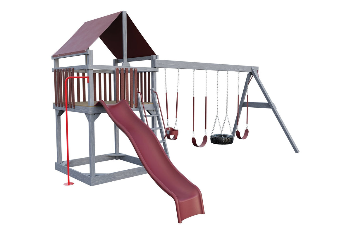 Amish 6x6 Challenger Wooden Swing Set & Playset Kit – Layout 3, Sky Gray with Red accents