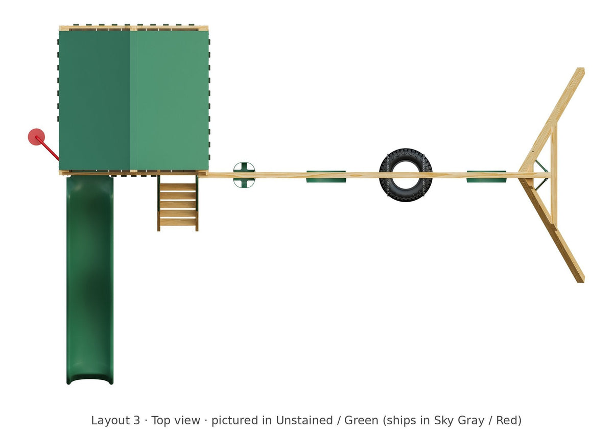 Amish 6x6 Challenger Wooden Swing Set & Playset Kit – Layout 3, top view (shown in Unstained with Green accents)