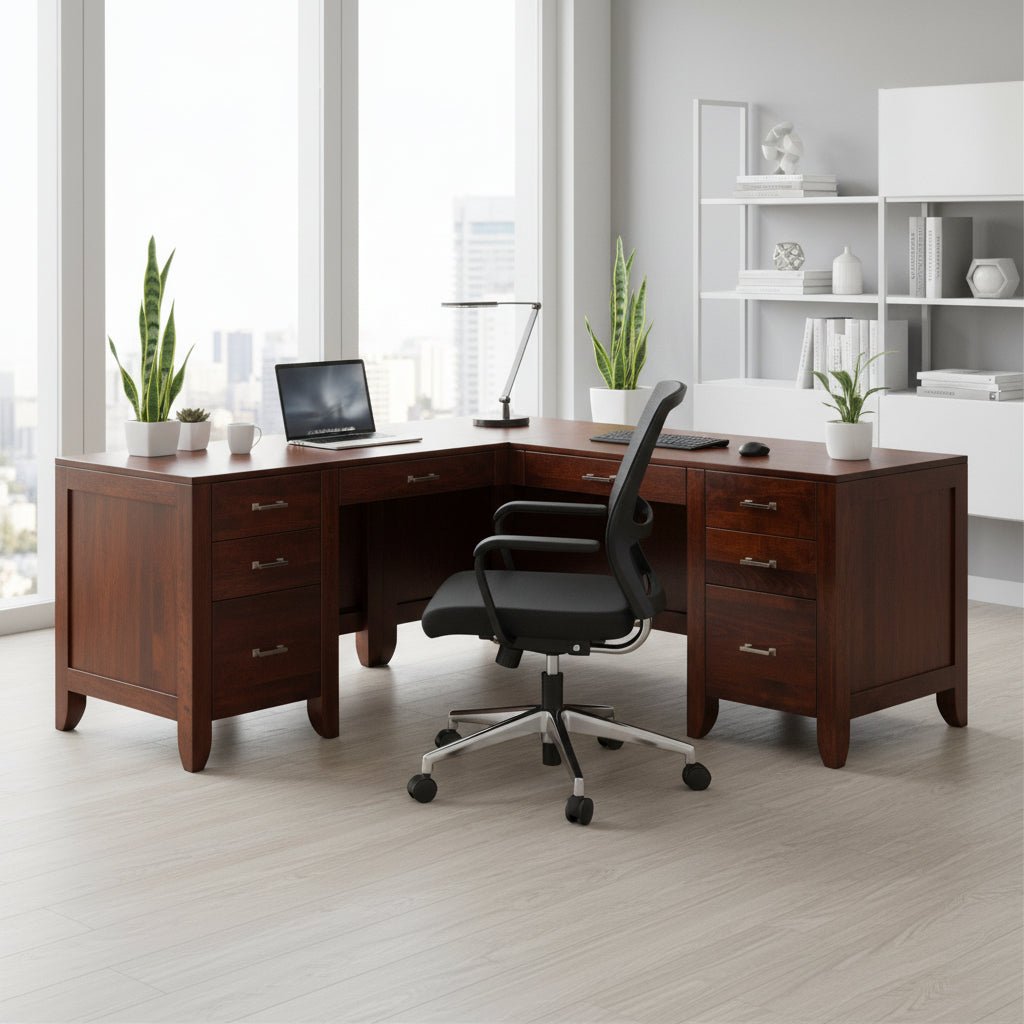 Cherry modern L shaped corner desk with six drawers and brushed bar pulls in a bright city view office with a mesh chair