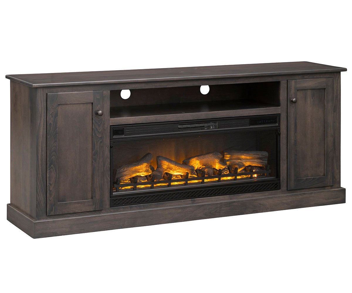 Weathered gray TV stand with a wide electric fireplace, two panel doors and an open shelf for media components