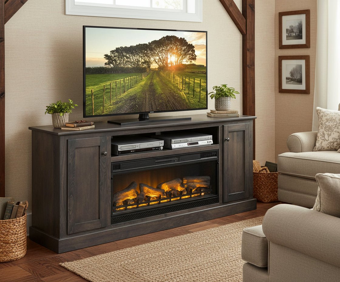 Weathered gray TV stand with a wide electric fireplace, two panel doors and an open shelf for media components