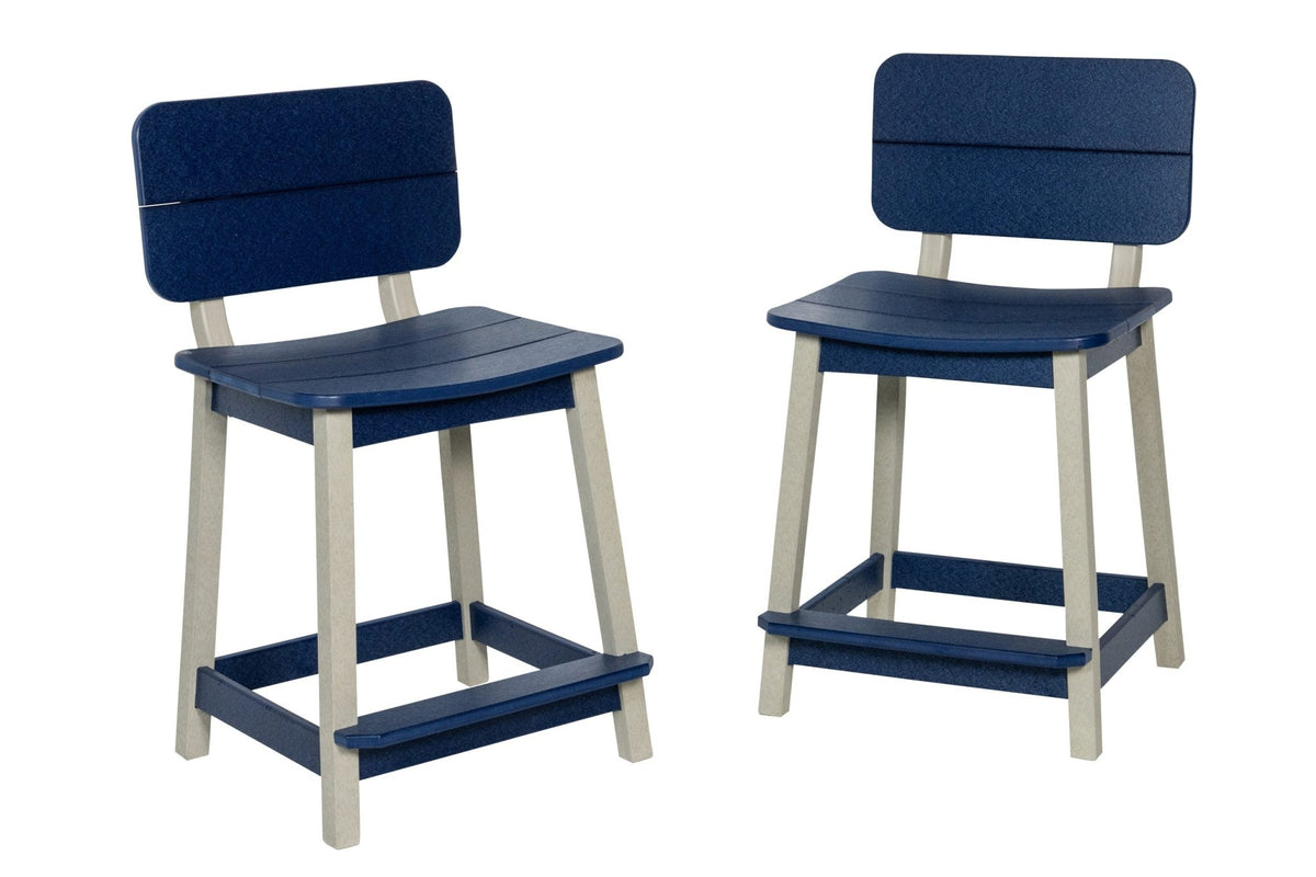 Maui poly saddle counter stools with back, light gray & patriot blue, product shot