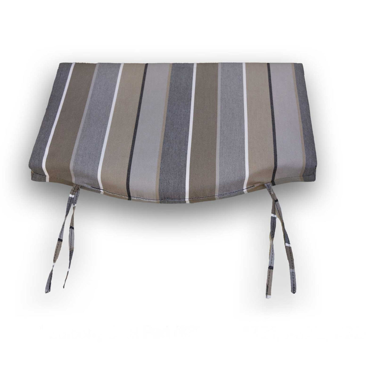Gray, taupe and white striped Sunbrella chair pad with fabric ties for a balcony height dining chair