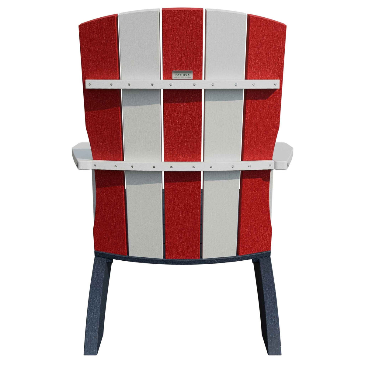 Back view of the red and white striped poly Adirondack chair with white cross braces and navy legs