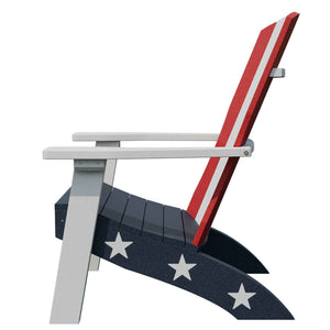 Side profile of the patriotic Adirondack chair showing its angled striped back, white arm and star-decorated curved leg