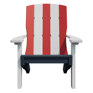 Front view of the stars and stripes Adirondack chair with red and white back slats, white arms and a navy seat