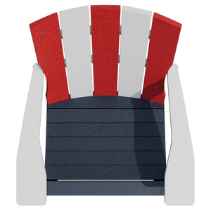 Top-down front view of the patriotic Adirondack chair showing red and white back slats and a navy slatted seat