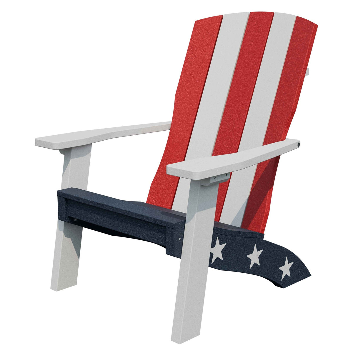 Stars and stripes poly Adirondack chair with red and white slat back, white arms and navy star-cut legs on white