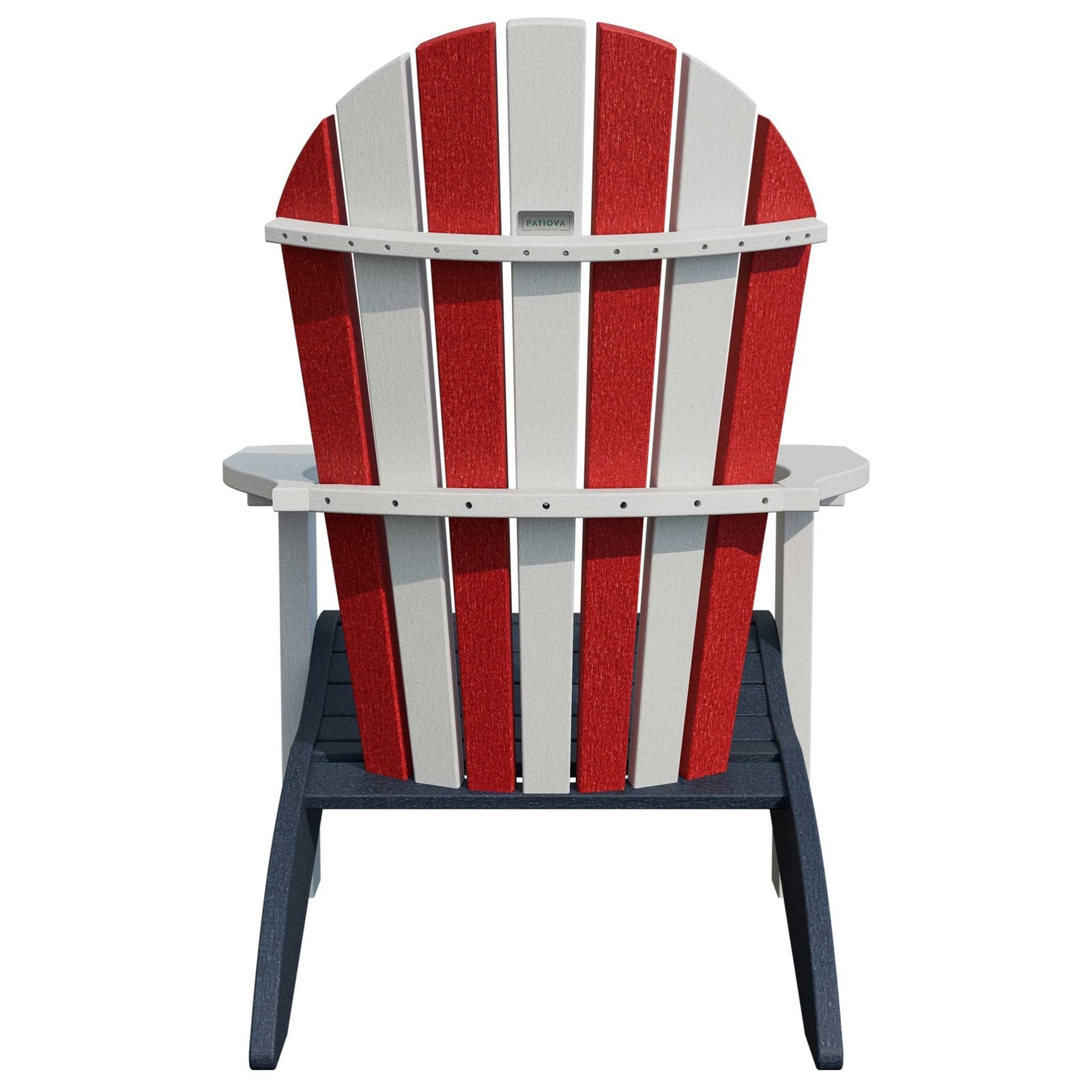 Patriotic Adirondack chair with red and white striped back, white arms and a navy seat with white stars