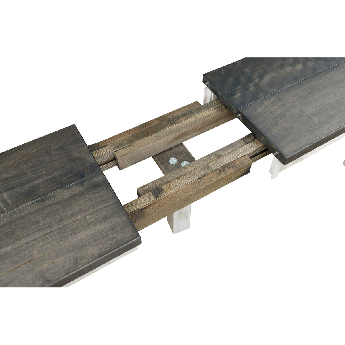 Underside view of the Alamo bench pulled apart showing the wooden extension slides and bolted center support
