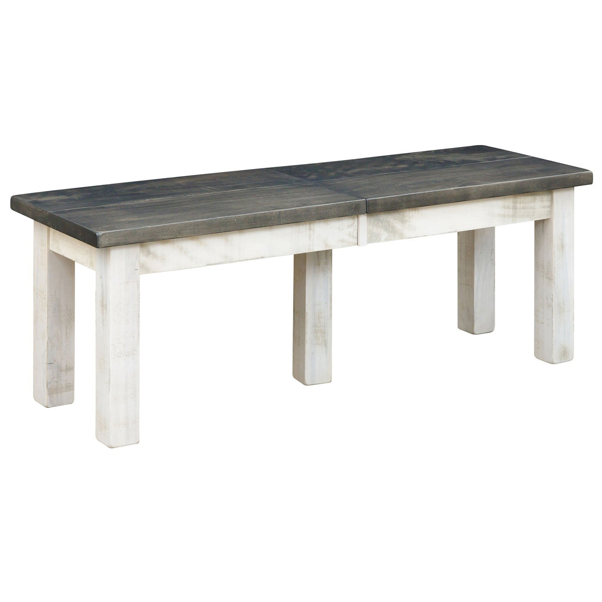 Rustic Alamo dining bench with gray plank seat, whitewashed square legs and a center seam for the extension leaf