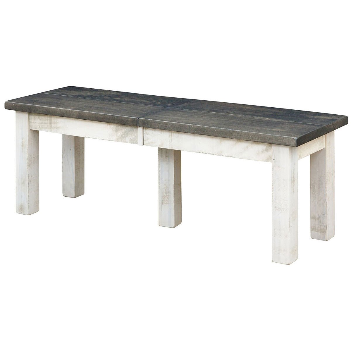 Distressed white dining bench with two-plank weathered gray seat and chunky square block legs on a white background