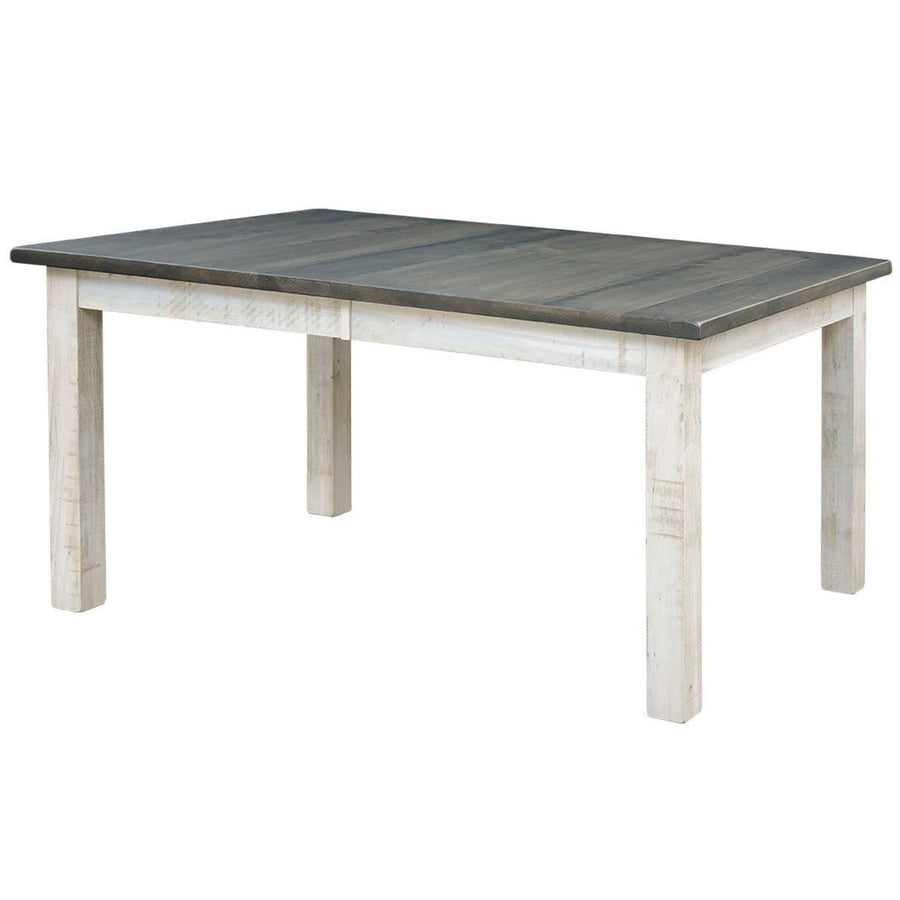 Alamo rectangular leg table with weathered gray top, distressed white apron and square tapered legs on white