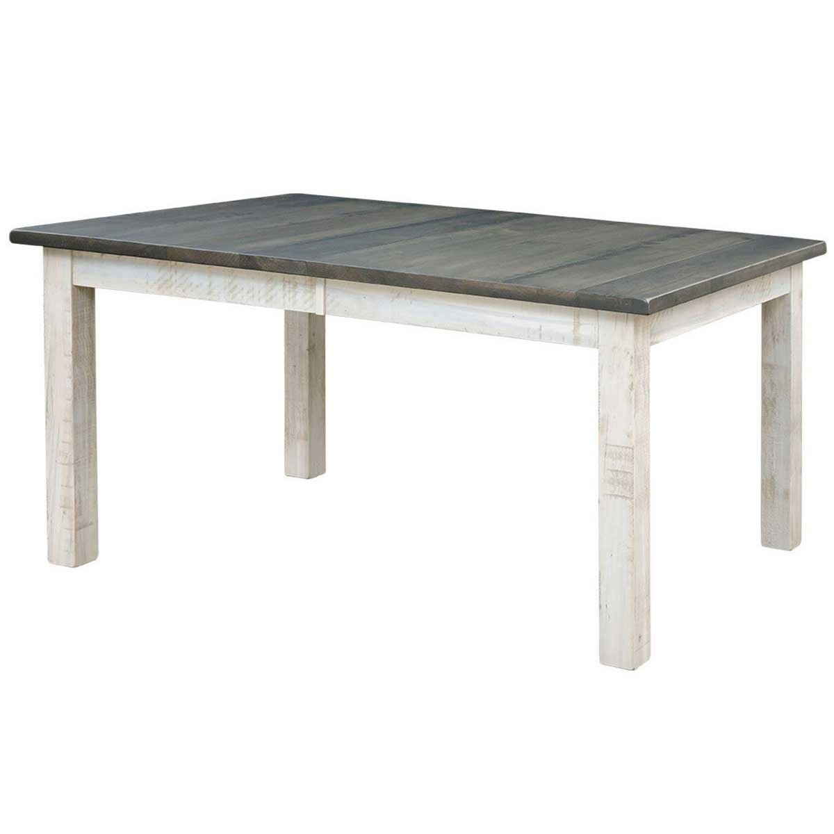 Alamo rectangular leg table with weathered gray top, distressed white apron and square tapered legs on white