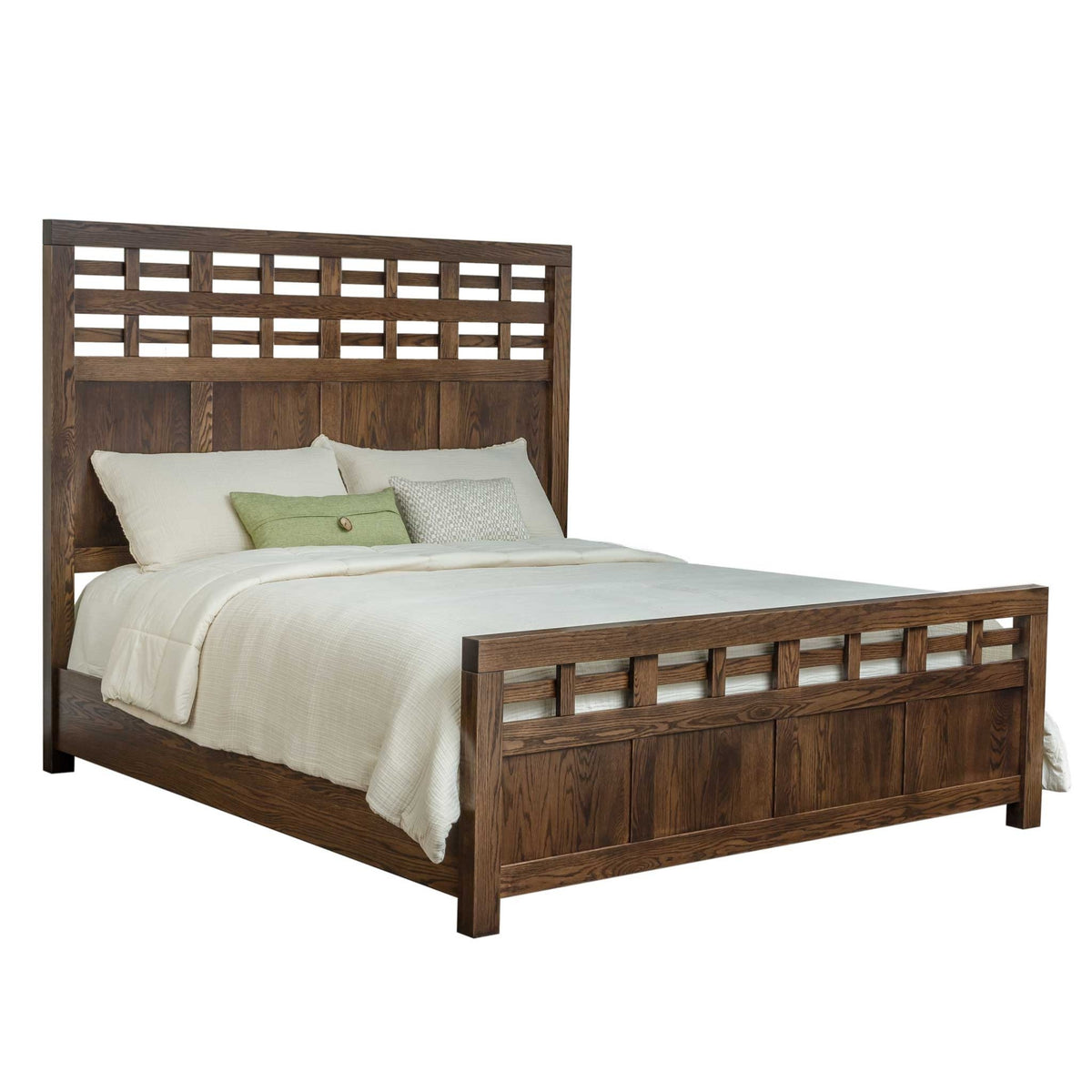 Dark brown solid wood panel bed with double row lattice headboard, matching low footboard and cream bedding
