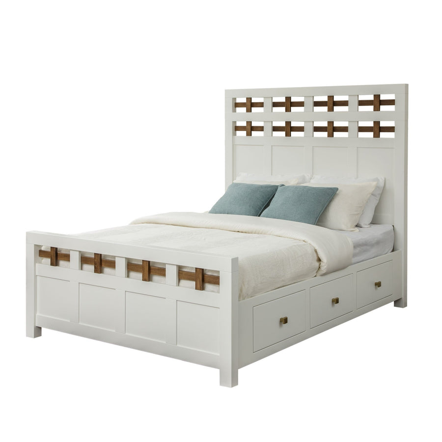 White Alto storage bed with lattice panel headboard, three underbed drawers with square brass knobs on white