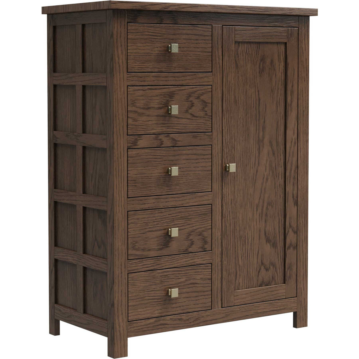 Dark brown oak chest with five stacked drawers, one tall panel door and square brass knobs on lattice-paneled sides