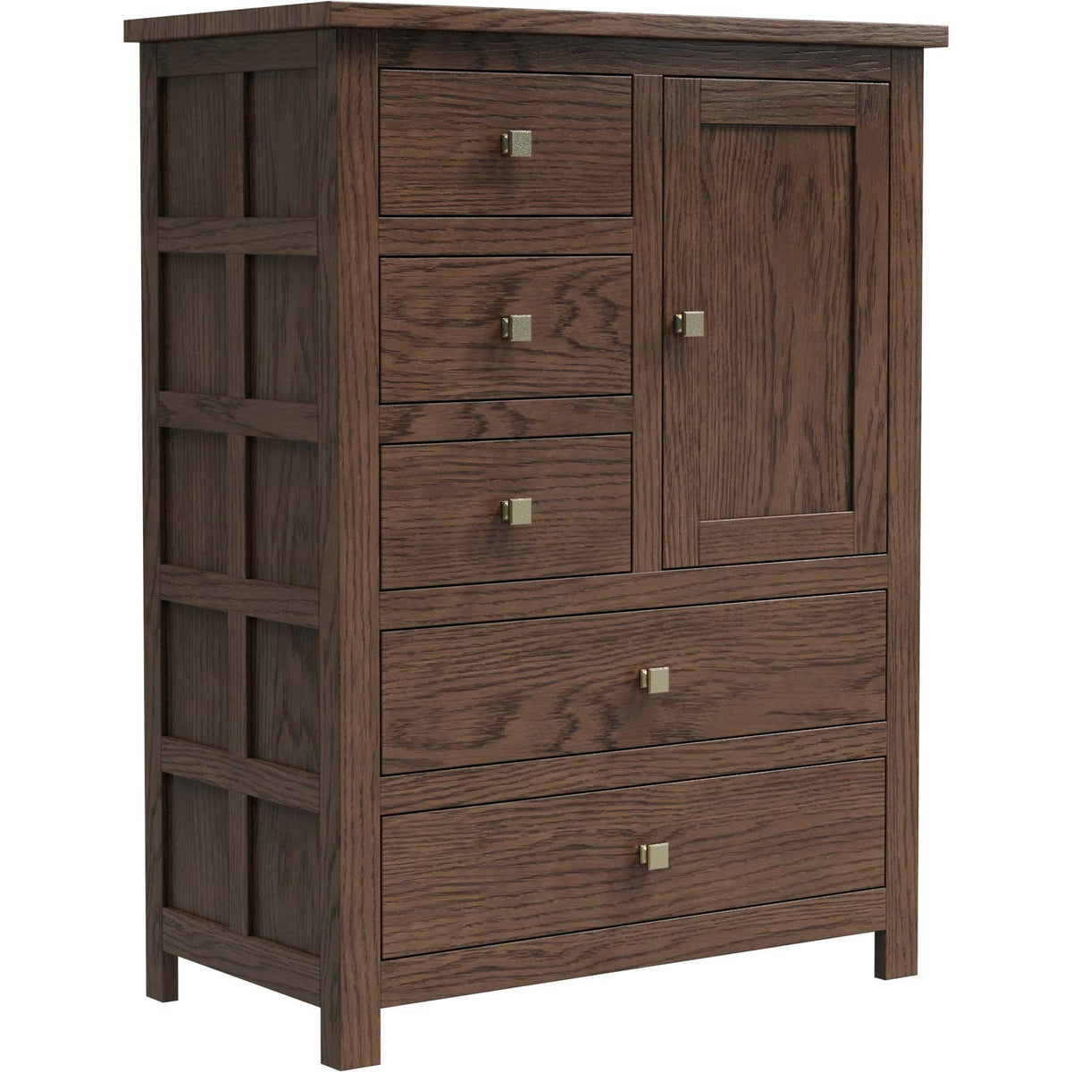Dark oak gentleman's chest with three small drawers, a small panel door over two wide drawers and brass knobs