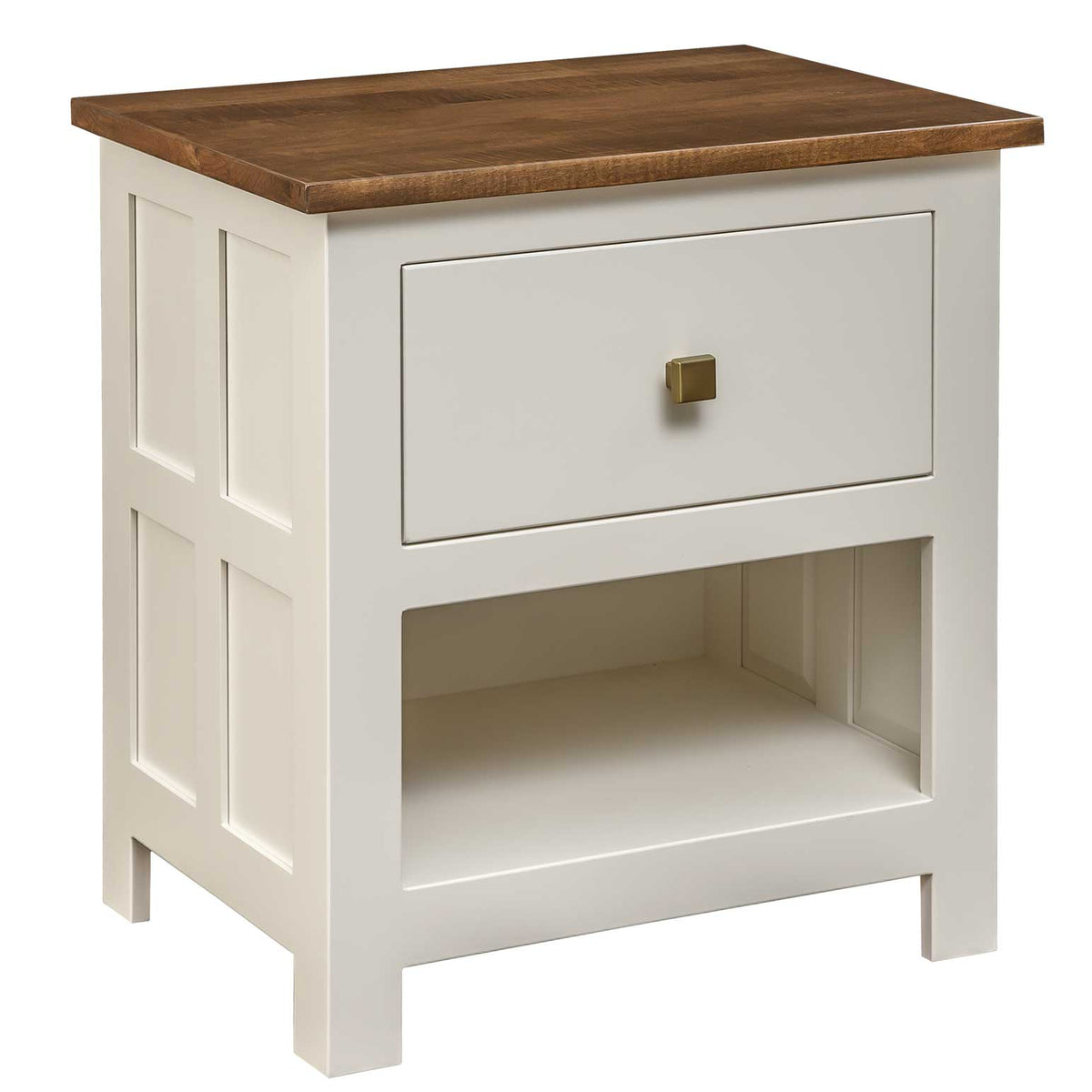 Cream painted 26 inch nightstand with a warm brown wood top, one brass-knob drawer and an open lower shelf