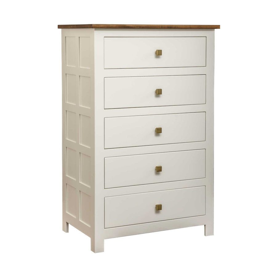 Cream painted five-drawer chest of drawers with a distressed brown top, brass knobs and grid-paneled side