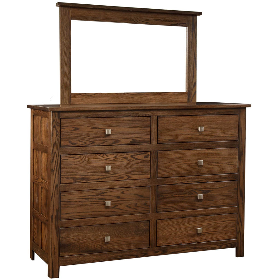 Oak 62 inch dresser in dark finish with eight drawers in two columns and a square framed mirror on top