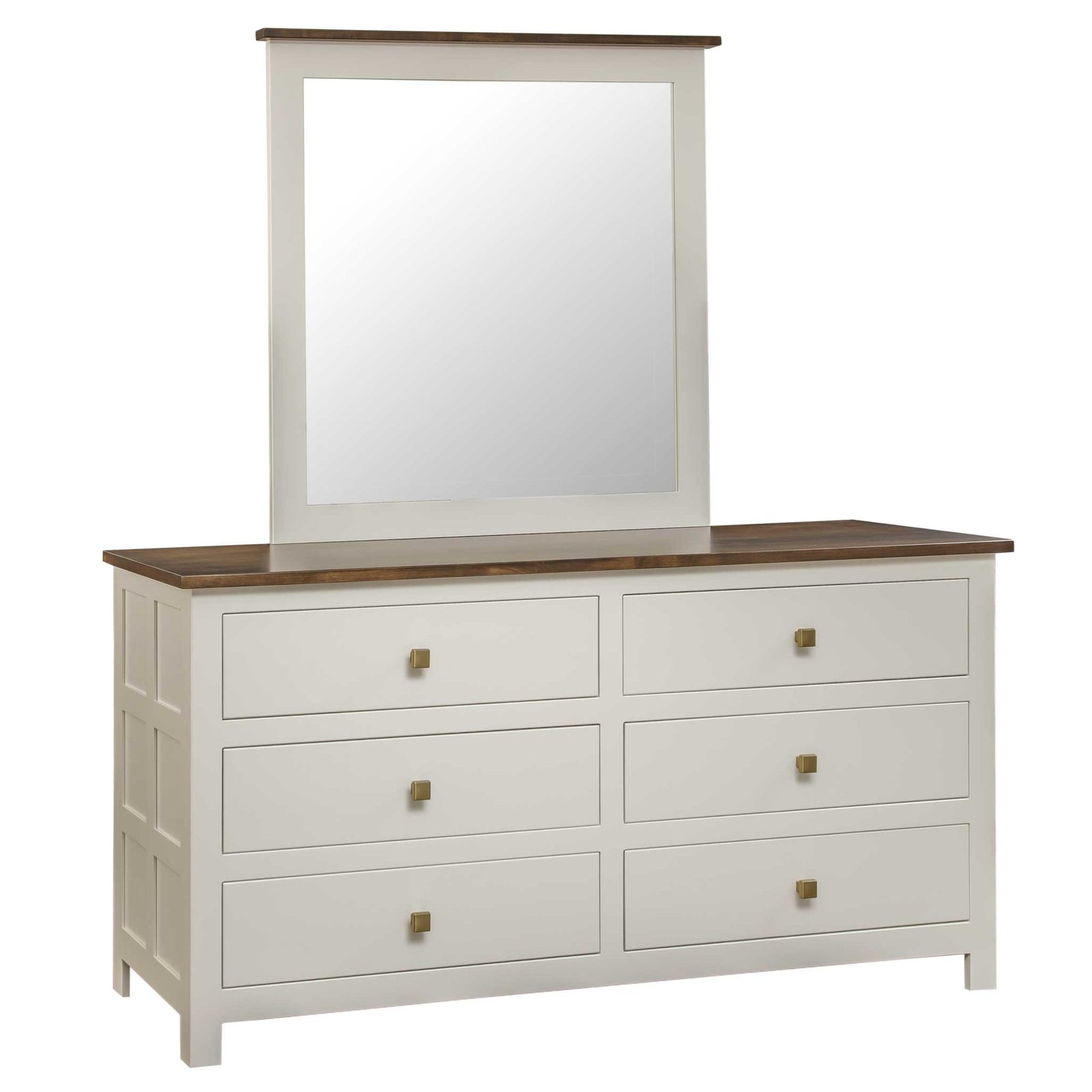 Cream painted six-drawer dresser with dark wood top and brass knobs under a mirror between two windows