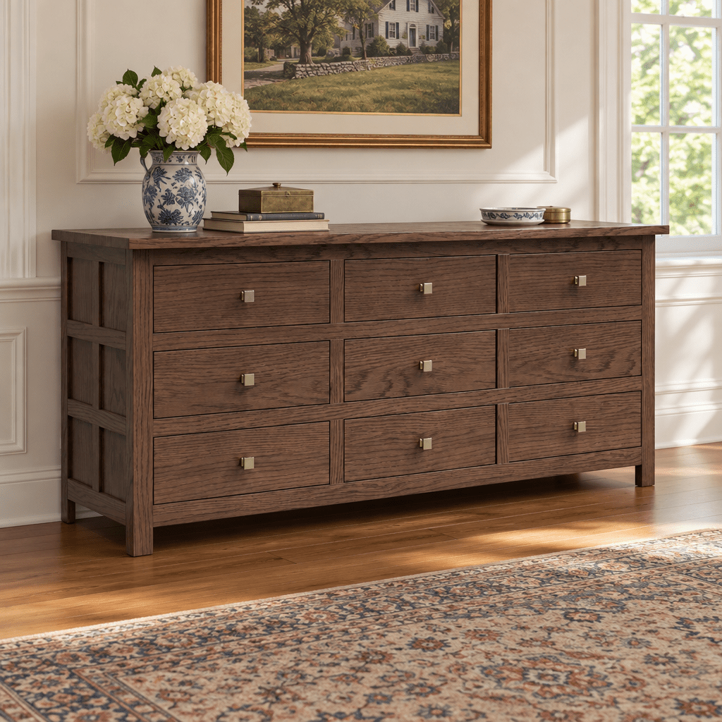 Amish Alto Solid Wood 84" 9 Drawer Dresser shown in the bedroom of a traditional colonial home