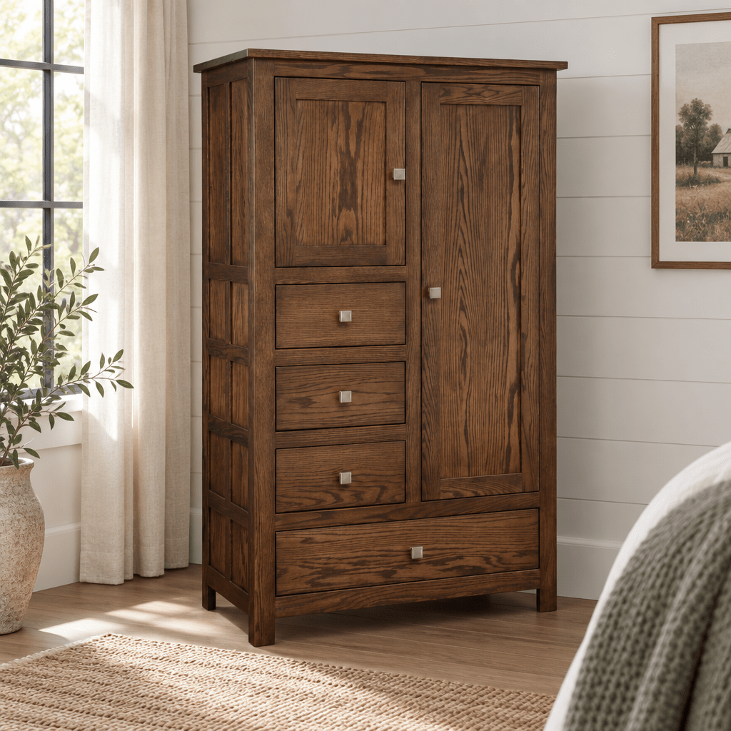 Amish Alto Solid Wood Chifferobe shown in the bedroom of a modern farmhouse home