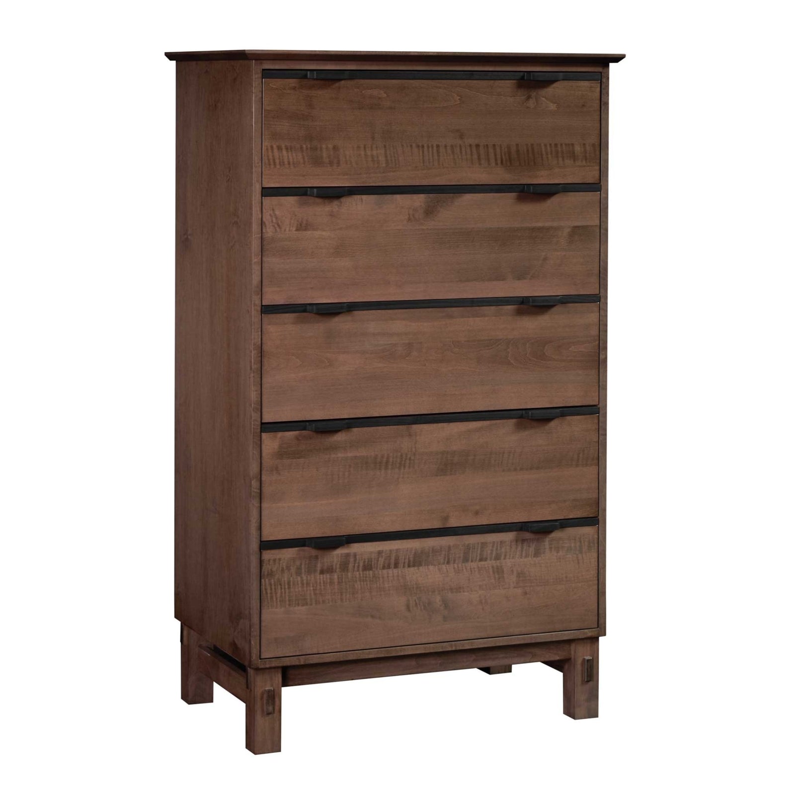 Rustic five drawer chest of drawers in weathered brown wood with black bar pulls, styled in a gray modern bedroom with bed