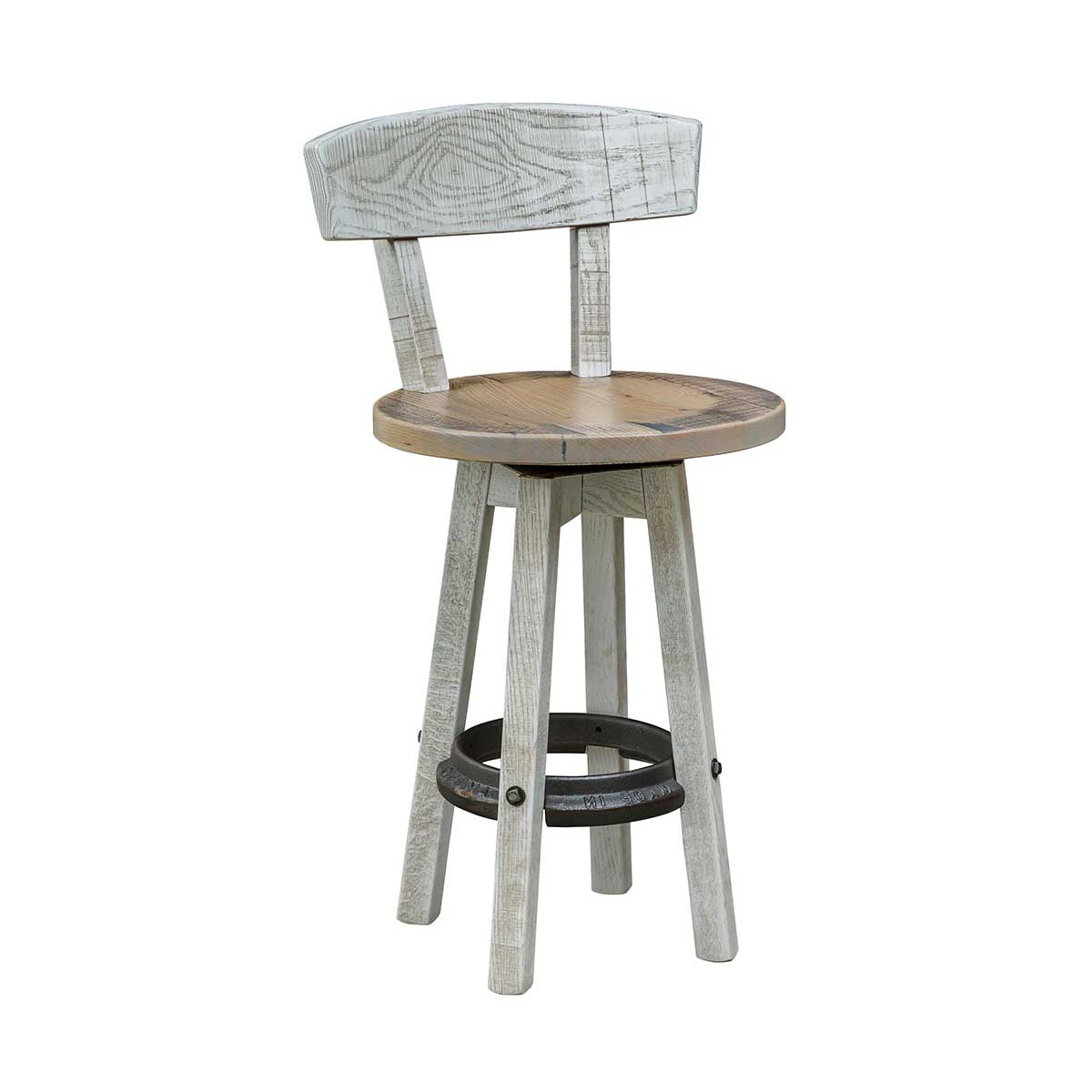 Reclaimed wood swivel bar stool with a round seat, curved plank back and black cast iron footrest ring