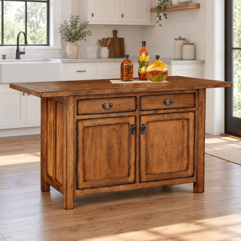 Amish Ancient Mission 2 Drawer Rustic Kitchen Island shown in the kitchen of a modern farmhouse home