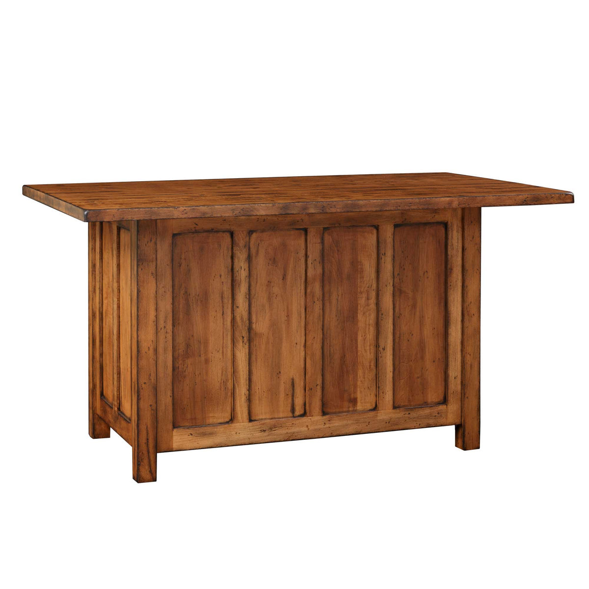 Back view of the rustic kitchen island showing four raised panels, plank overhang top and square legs