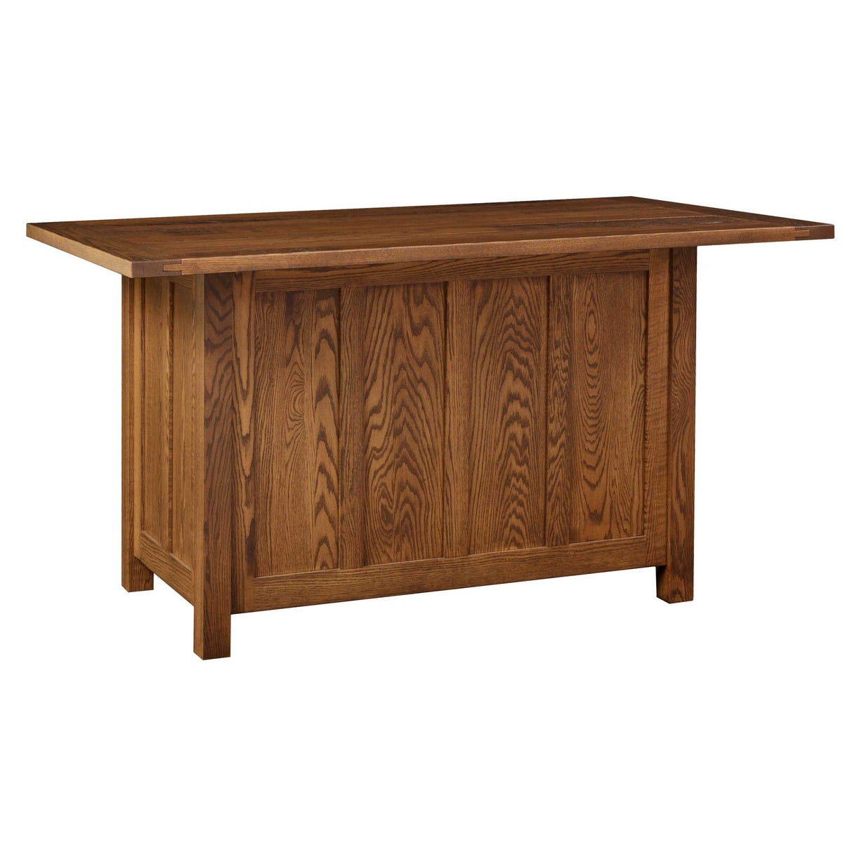 Rear view of the oak Ancient Mission kitchen island with paneled back, plank top and heavy square legs