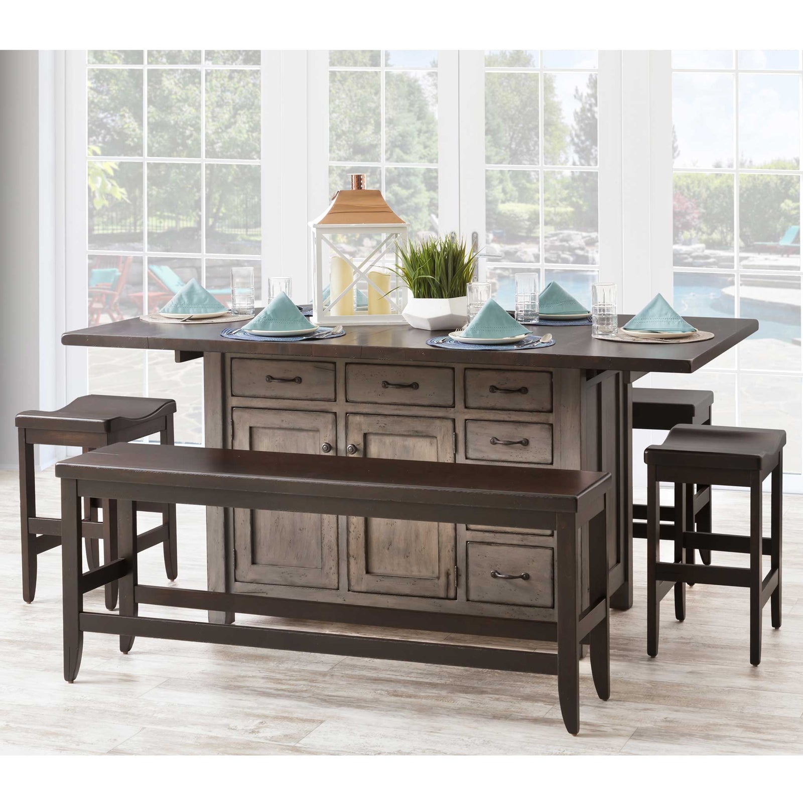 Expanding kitchen island set for six with gray cabinet base, dark drop leaf top, bench and saddle stools