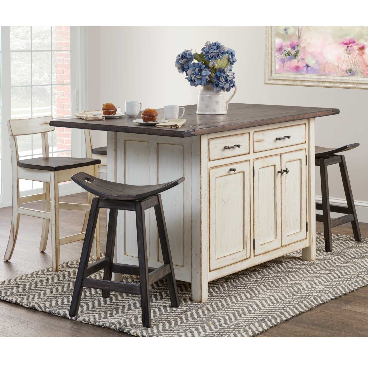 Amish Ancient Mission Large Kitchen Island with 2 Bar Chairs & 2 Swivel Stools - snyders.furniture