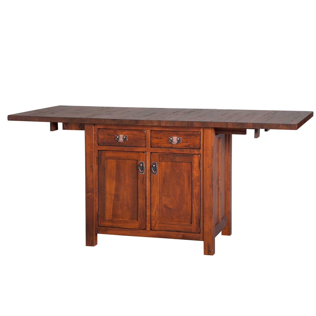 Warm cherry kitchen island with drop leaf extensions, two drawers and two panel doors with bronze hardware