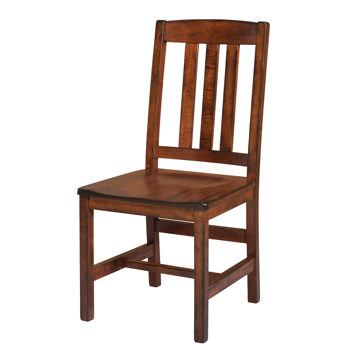 Rustic cherry dining side chair with three vertical back slats, scooped wood seat and square legs