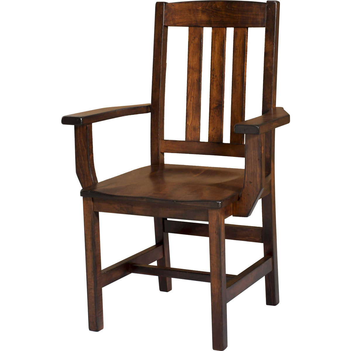 Dark cherry dining arm chair with three back slats, shaped flat arms and a scooped solid wood seat