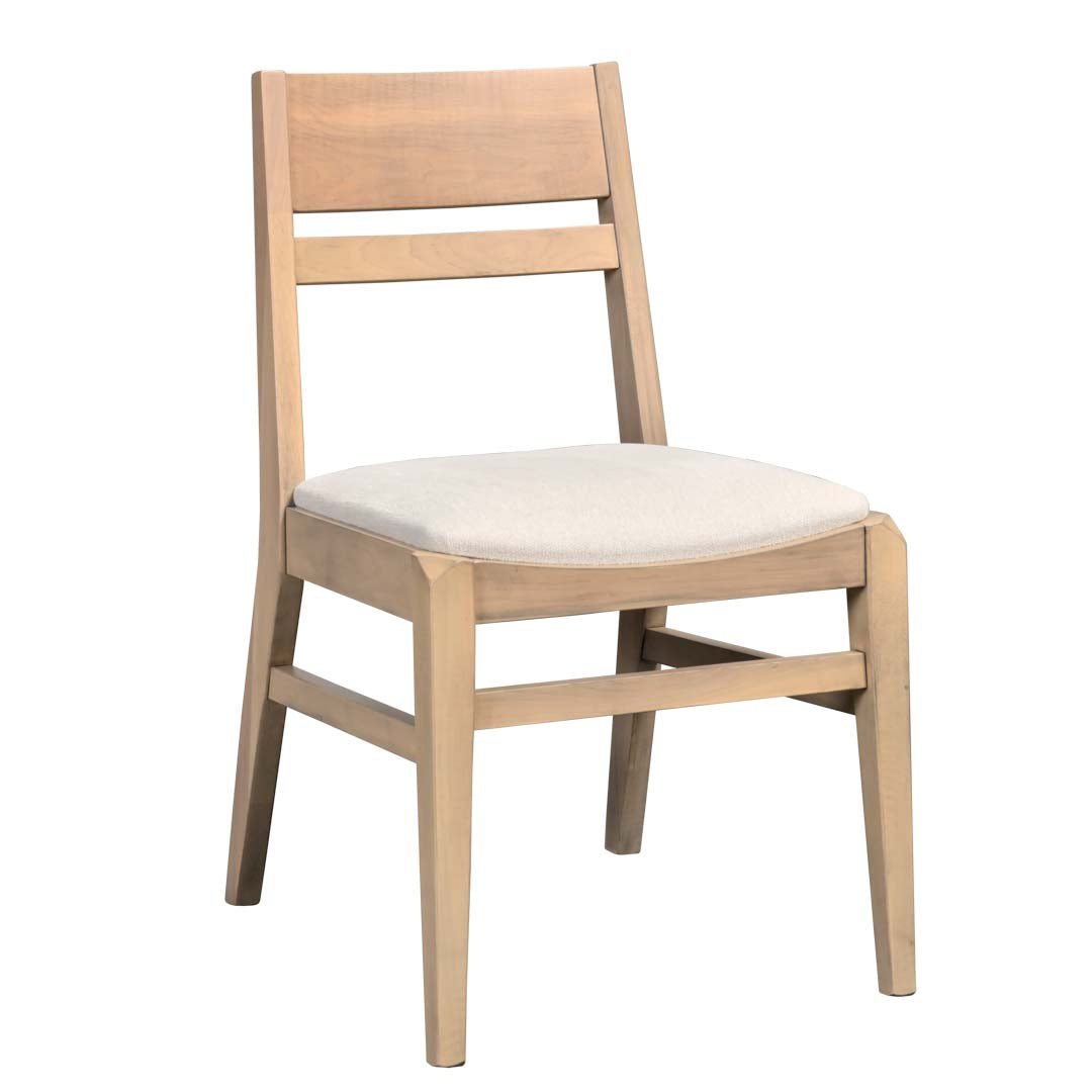 Light finish dining side chair with a two-slat wood back and cream upholstered seat on a white background