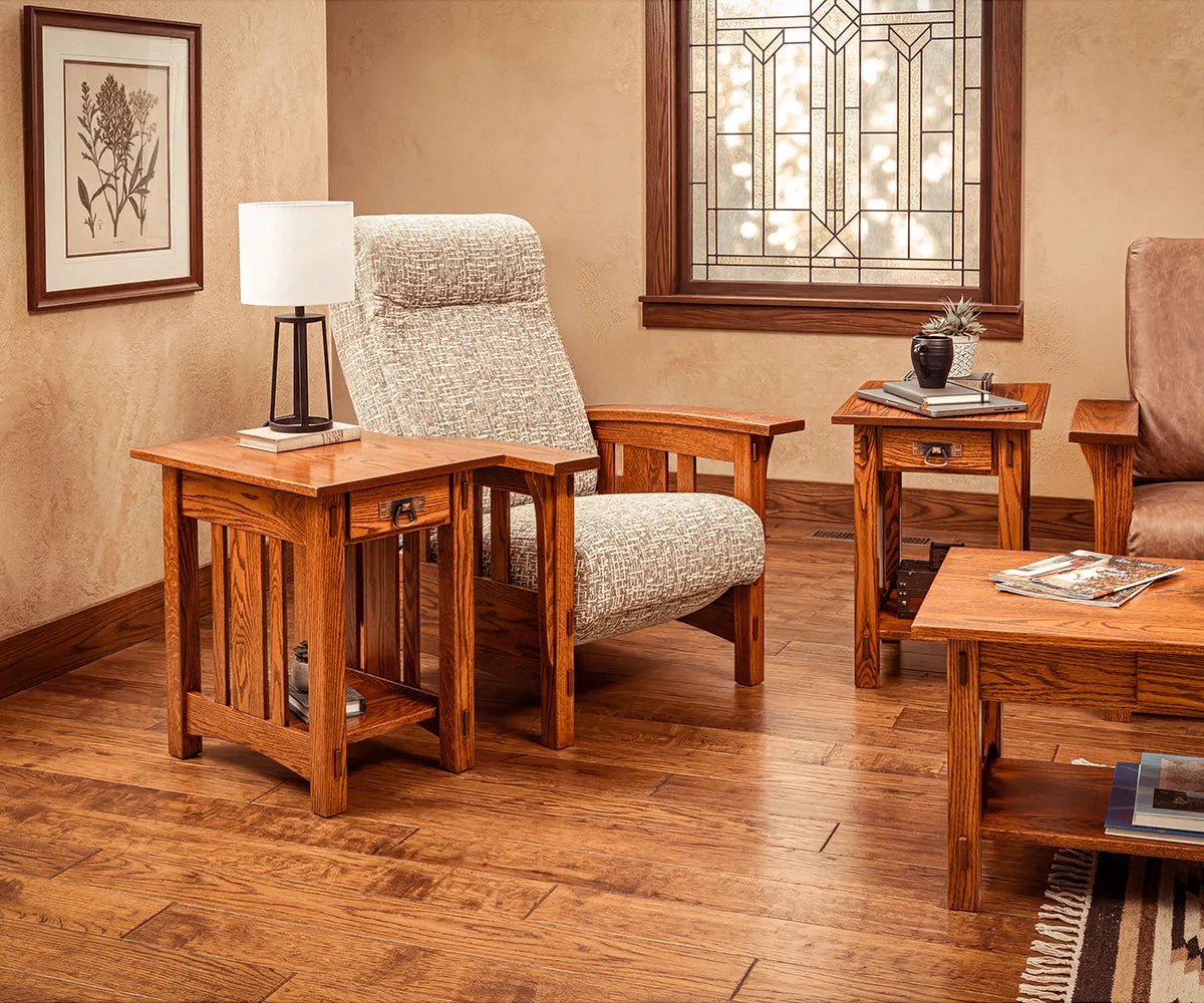Arts and crafts living room grouping with an oak recliner, two slatted end tables and a coffee table on wood floors
