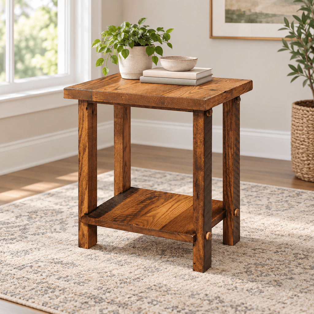 Amish Ashland Reclaimed Wood Rustic End Table shown in the living room of a transitional home
