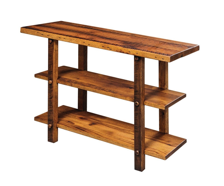 Reclaimed wood console table with a long plank top, two staggered open shelves and pegged post legs