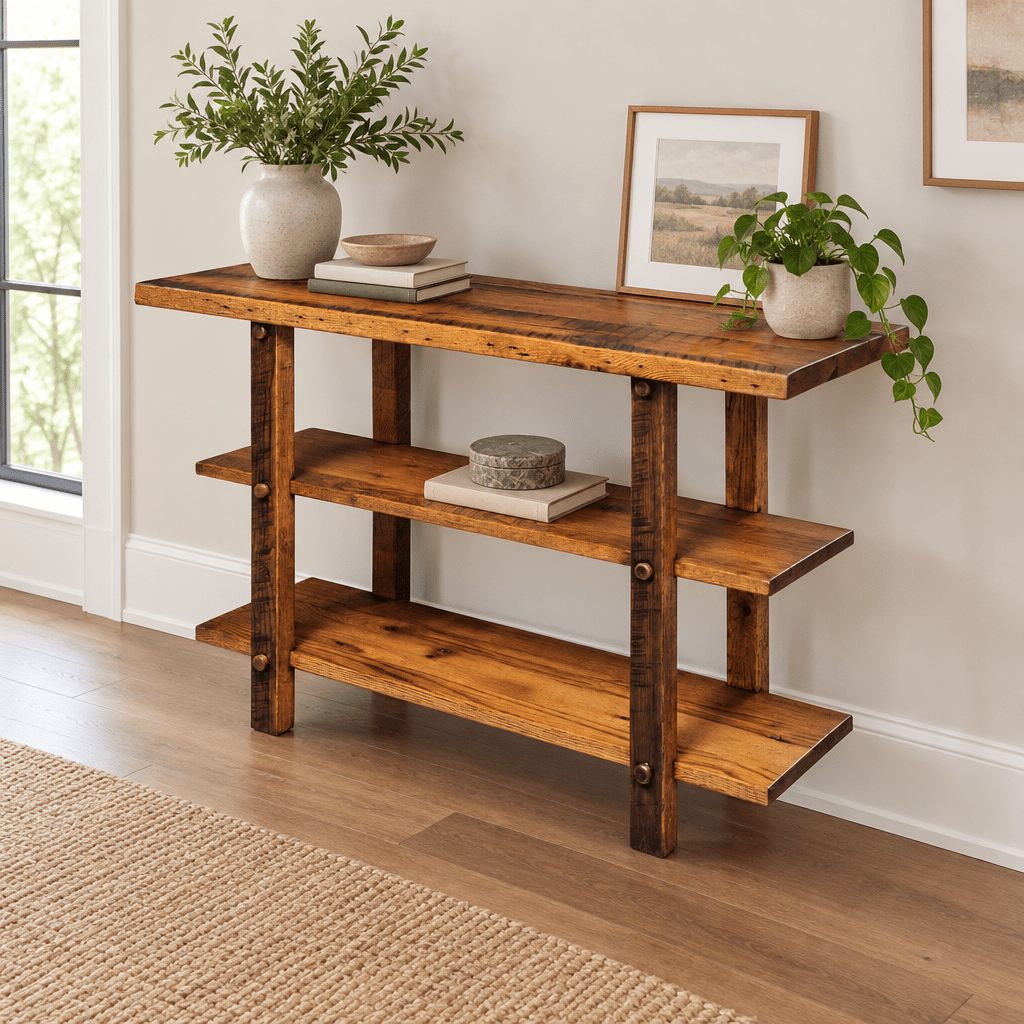 Amish Ashland Reclaimed Wood Rustic Sofa Table shown in the living room of a transitional home
